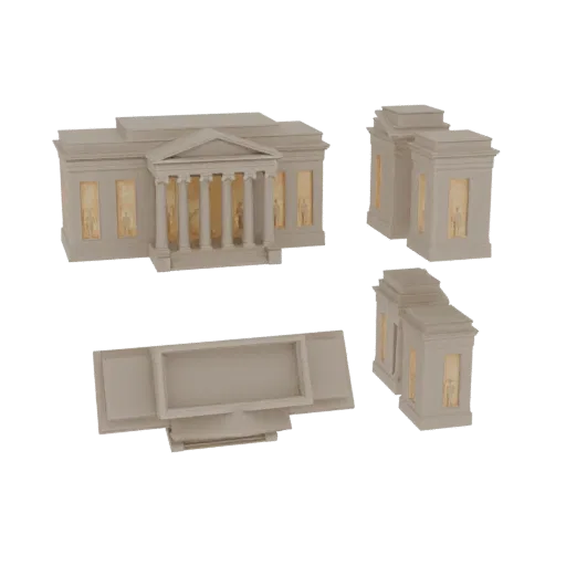 Modelo 3D de un edificio de museo neoclásico con frontón, columnas y dos estructuras rectangulares separadas, renderizado sob