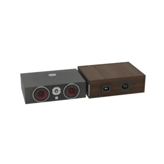 3D-Modell einer Retro-Dual-Lautsprechereinheit neben einer Holzverstärkereinheit, die Vintage-Audiogeräte zeigt.
