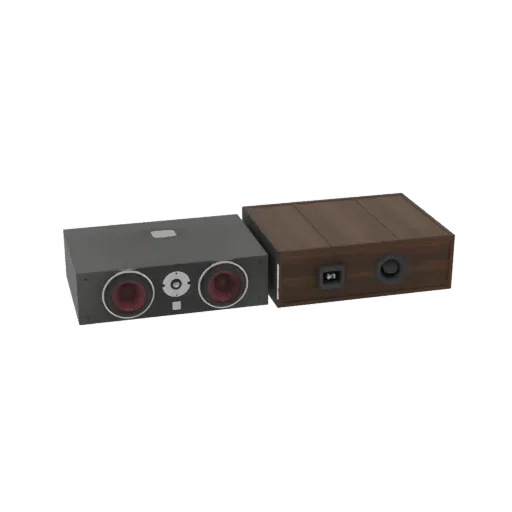 3D model of a retro dual speaker unit next to a wooden amplifier unit, showcasing vintage audio equipment.
