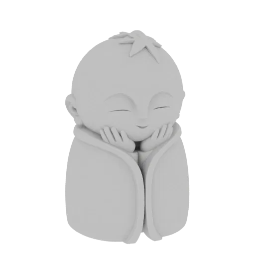 A 3D render of a cute, stylized baby figure with closed eyes and a smile, wrapped snugly in a blanket, resting its head on it