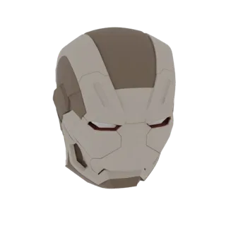 Una renderización 3D del casco de War Machine, mostrando su textura metálica y diseño icónico con un fondo blanco.