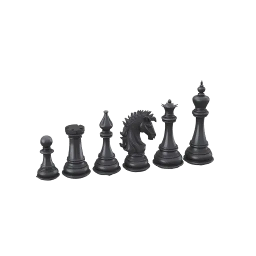 Ein Set klassischer schwarzer Schachfiguren, darunter König, Dame, Turm, Läufer, Springer und Bauer, in aufsteigender Reihenf