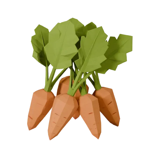 Market Carrot Bunch Low Poly 3D model, game viewport three-quarter view, showing leaf veins, form detail.