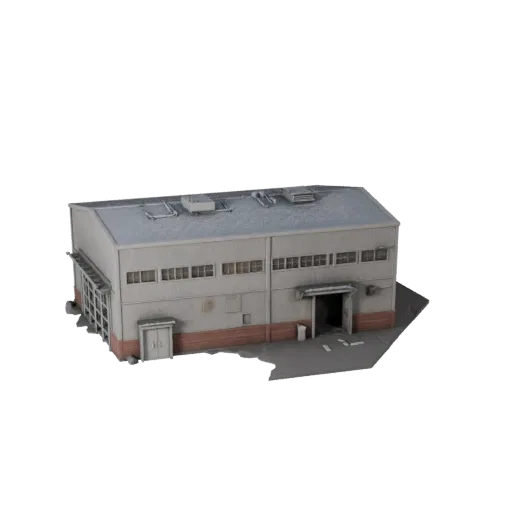 Modello 3D STL di capannone industriale stampabile, vista isometrica, che mostra materiali di edifici industriali e dettagli
