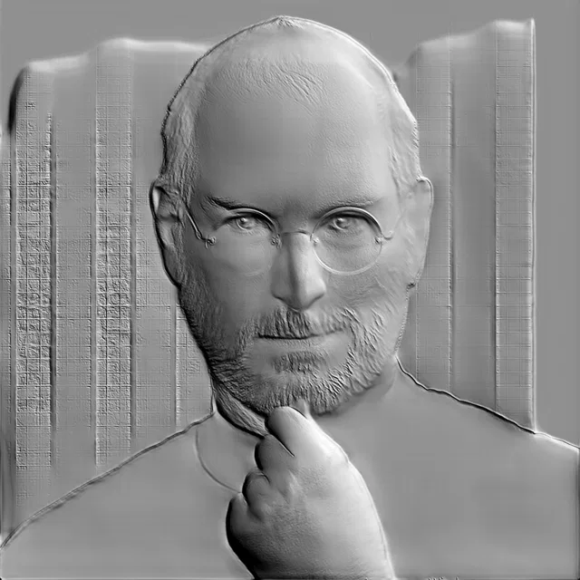3D model of Steve Jobs bas-relief, depicted in a thoughtful pose with hand to chin.