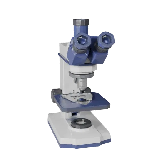 Research Microscope Low Poly 3D model, game viewport three-quarter view, showing glass, recognizable lab forms.