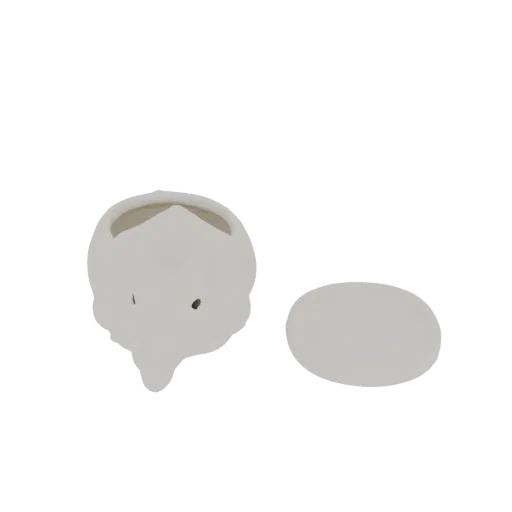 3D model render of a cute white elephant planter with a matching saucer, presented against a white background.