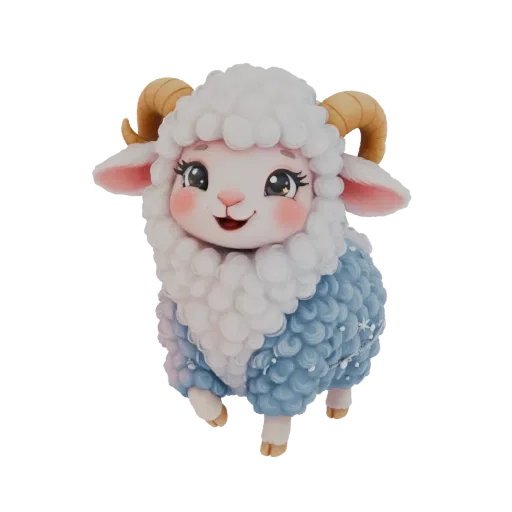 3D model of a cute, stylized sheep wearing a blue winter coat with fluffy white wool and snowflake details, featuring golden