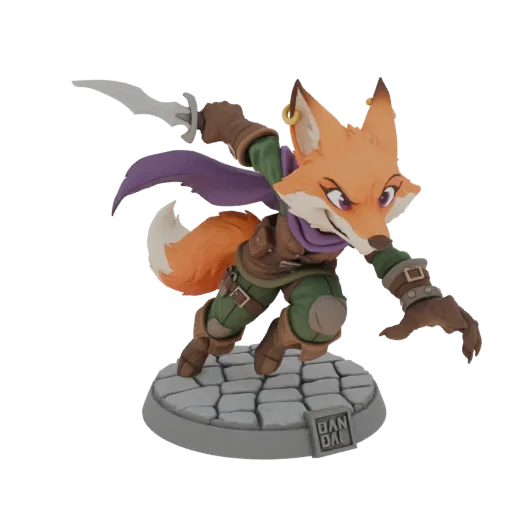 3D model of a stylized orange fox character dressed as a rogue, holding a dagger, with a purple scarf and detailed adventurer