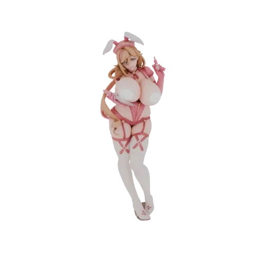 3D model of a female anime-style character in a pink bunny costume, featuring large breasts, bunny ears, and a playful pose, rendered against a white background.