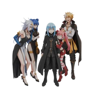 3D-Modell einer Gruppe von Anime-Charakteren, einschließlich Rimuru Tempest, die zusammen in einer dynamischen Pose stehen.