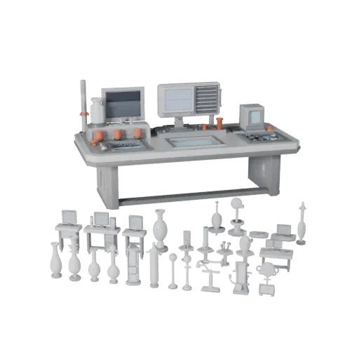 Futuristic Reactor Core Low Poly 3D model, game viewport three-quarter view, showing clean metal, bench-top devices.