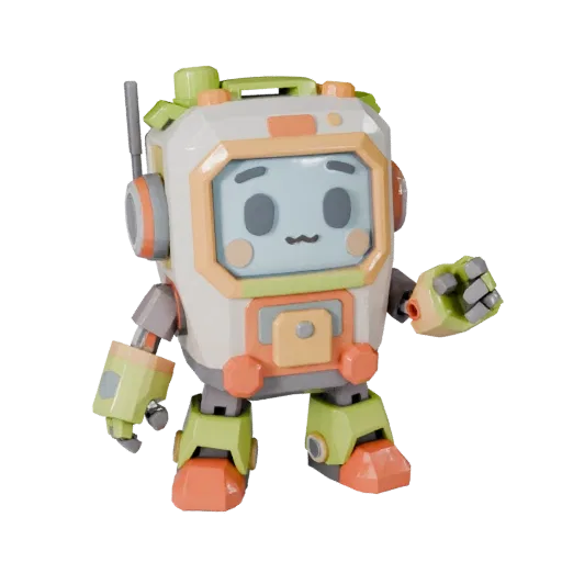 Robot Food Mascot low poly 3D model preview showing pose, three-quarter game view, expression and smooth toy surfaces