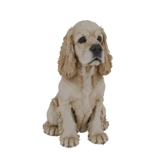 Modelo 3D de un perro Cocker Spaniel marrón claro sentado atentamente, con orejas caídas y una expresión gentil, sobre un fon