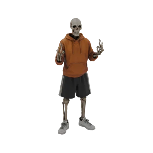 3D model of a skeleton wearing an orange hoodie and black shorts, standing with hands raised.