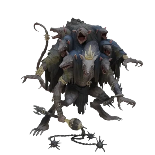 3D-Modell eines monströsen Chaos Rattenkönigs mit mehreren Köpfen, der eine Krone trägt und eine Stachelkeule schwingt, vor s