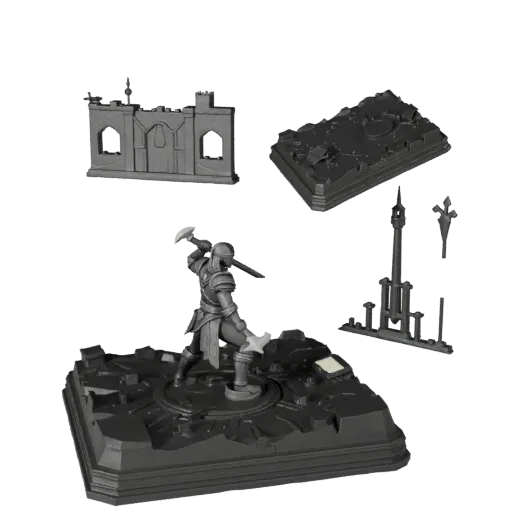 Dungeon Battle Vignette STL druckbares 3D-Modell Vorschau Teile, Dreiviertel-Anzeigewinkel, Tiefe und Anzeigeskalierung