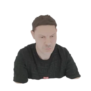 Modelo 3D de hombre con cabello castaño corto, vistiendo camiseta negra, mirando hacia abajo con expresión pensativa.