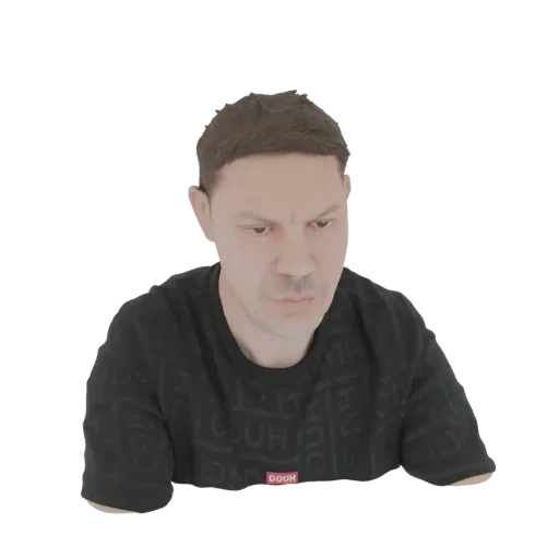 Modelo 3D de homem com cabelo castanho curto, vestindo camiseta preta, olhando para baixo com expressão pensativa.