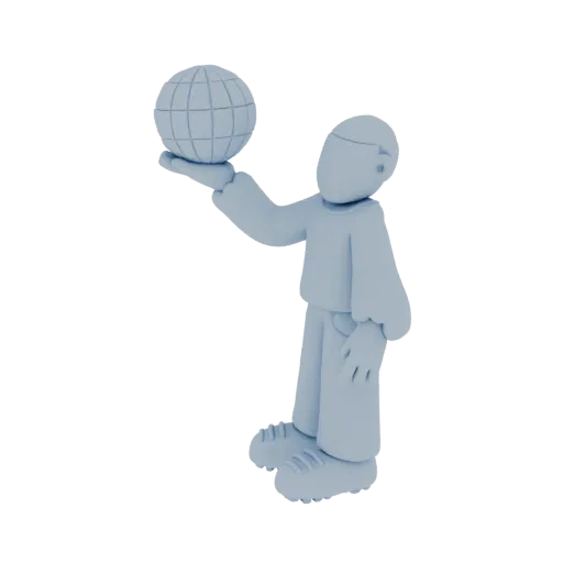 3D-Render einer hellblauen Tonfigur mit einfachen Merkmalen, die steht und einen detaillierten Globus in der offenen Handfläc