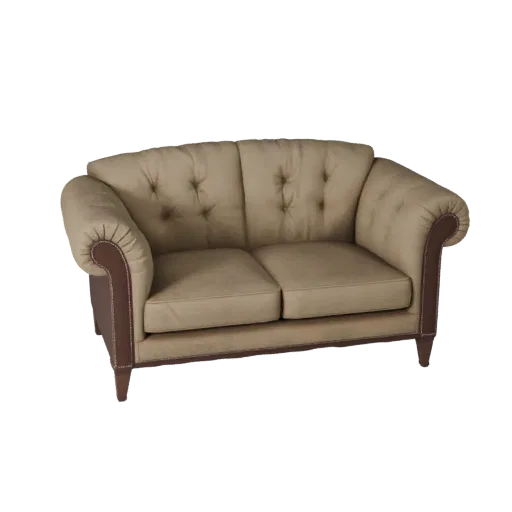 Divano Tufted modello 3D, soggiorno, vista tre quarti frontale, viewport Unreal Engine, dettaglio tessuto intrecciato.