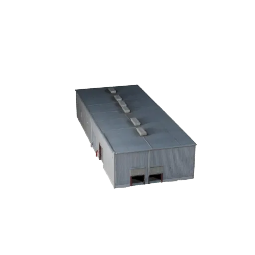 Logistics Center stylized 3D model, isometric stylized game environment view, showing industrial building materials and archi