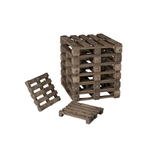 Pirate Wooden Pallet 3D model, three-quarter front view, Unreal Engine viewport, showing wood planks, stackable massing.