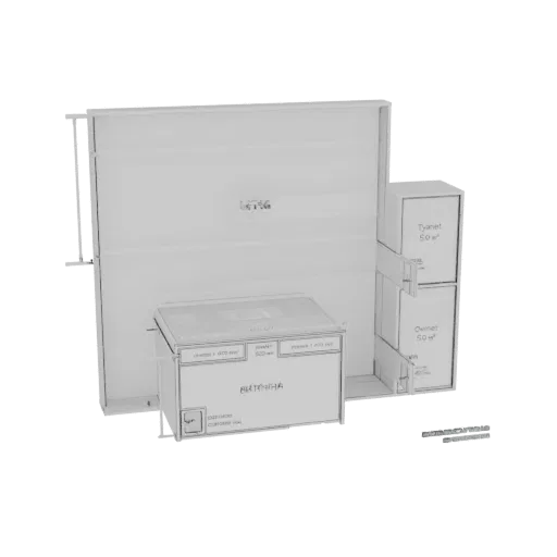3D render of a modern storage unit with stacked boxes, featuring labels like 'Tjanet' and 'Owmet', against a plain background