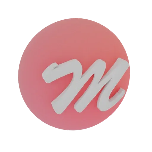 3D render of a stylized letter 'M' icon with a white raised font on a pink gradient sphere background.