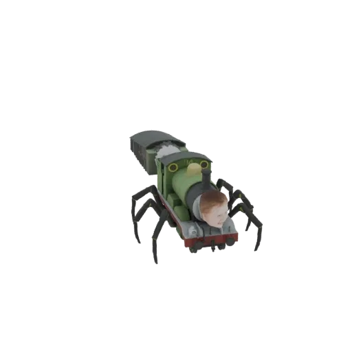 Un render 3D de un tren verde con patas de araña y cara humana, presentado sobre un fondo blanco.