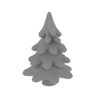 A 3D render of a stylized, grey evergreen tree with rounded, layered branches and a solid base, set against a white backgroun