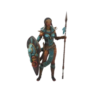 3D model of a tribal warrior woman holding a spear and shield, with intricate armor and facial markings.