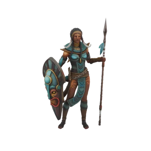 3D model of a tribal warrior woman holding a spear and shield, with intricate armor and facial markings.