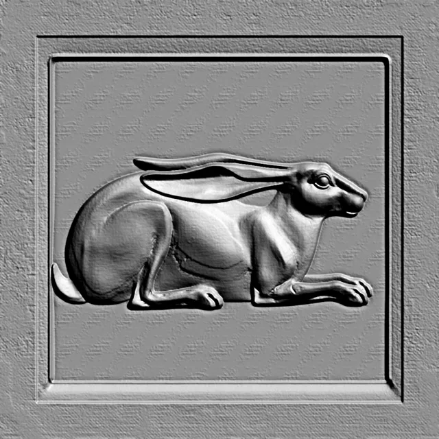 Modèle 3D de bas-relief de lièvre en profil, représenté comme une image texturée sur fond gris.