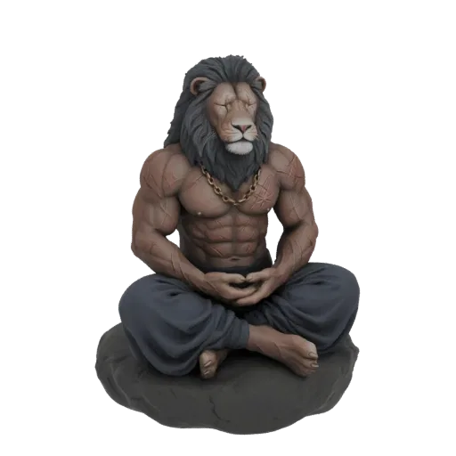 3D model of a muscular lion meditating in a lotus pose, wearing a gold chain and dark pants, seated on a rock.