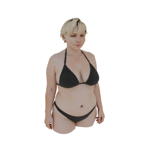 Modelo 3D de mujer con cabello rubio y bikini negro, de pie y mirando al espectador.