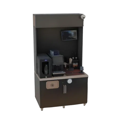 3D model of a compact 3D printing and scanning station with a monitor, camera, and storage.