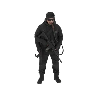 Modèle 3D d'un soldat tactique en tenue noire tenant un fusil d'assaut, vu de face.