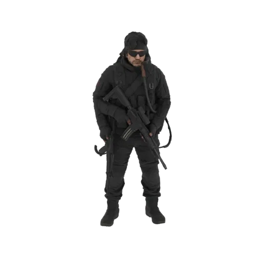 Modelo 3D de soldado táctico con equipo negro sosteniendo un rifle de asalto, visto de frente.