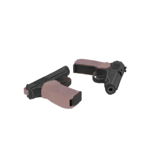 Rendu 3D de deux pistolets noirs avec poignées roses texturées, affichés sur fond blanc.