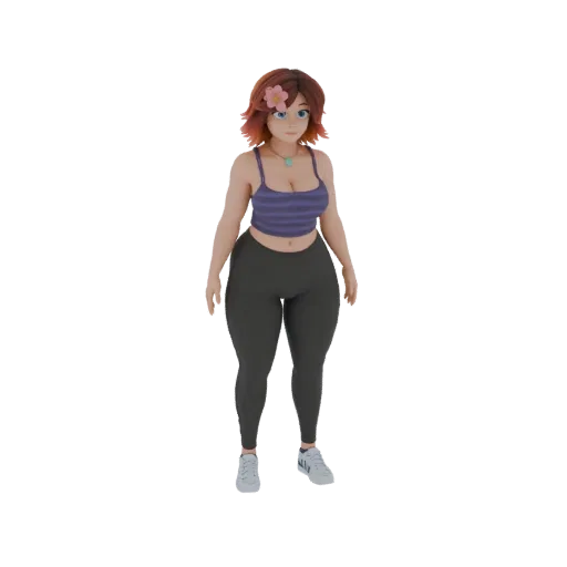 Modelo 3D de mulher curvy com cabelo castanho avermelhado, regata roxa listrada e leggings escuras, com flor rosa no cabelo.