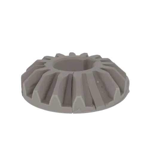3D model of a gray beveled gear with angled teeth, shown from a slightly elevated side view against a white background.