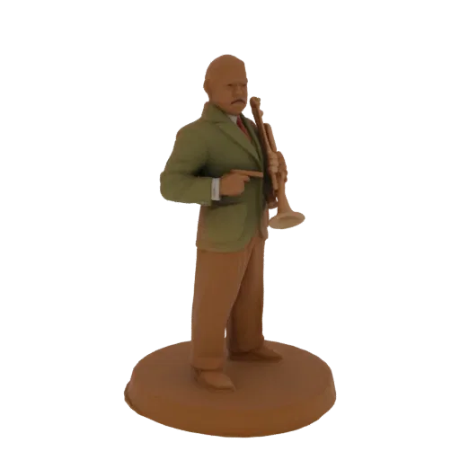 3D model of a jazz musician figure in a green jacket and brown pants, holding a clarinet and pointing.