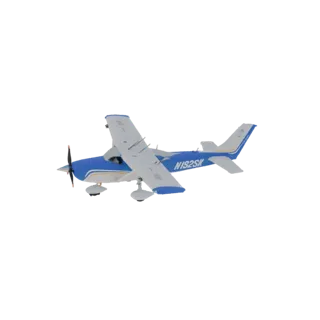 Modello 3D di un aereo monomotore a elica blu e bianco con registrazione N1S2SK, visto da un'angolazione a tre quarti.