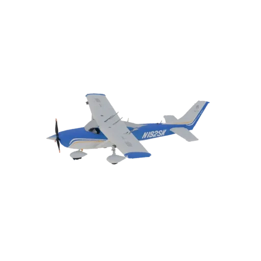 3D model of a blue and white single-engine propeller aircraft with registration N1S2SK, viewed from a three-quarter angle.