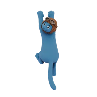 Modèle 3D d'un chat bleu portant un casque d'aviateur marron, suspendu par ses pattes sur fond blanc.
