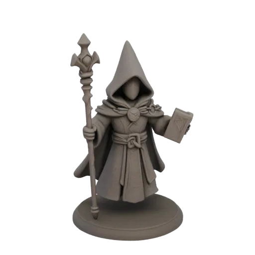 Fantasy Zauberer Angriff Miniatur STL, Drei-Viertel-Tabletop-Rendering, harzdruckbare Zauberer-Miniatur mit Stab, Zauberbuch,
