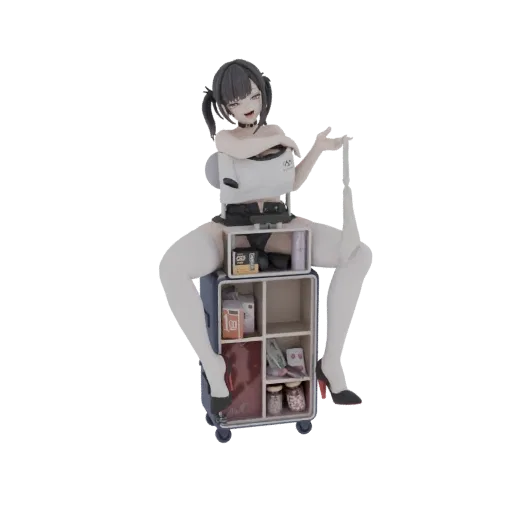 3D model of an anime girl sitting on a blue luggage storage unit filled with small items.