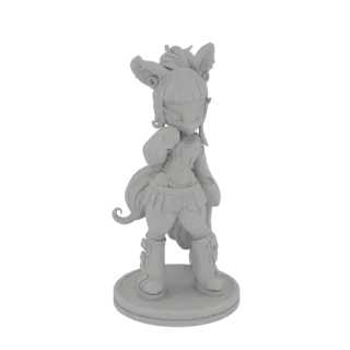 A 3D render of a chibi fox girl miniature, standing on a circular base, with fox ears, a corset, and a short skirt.