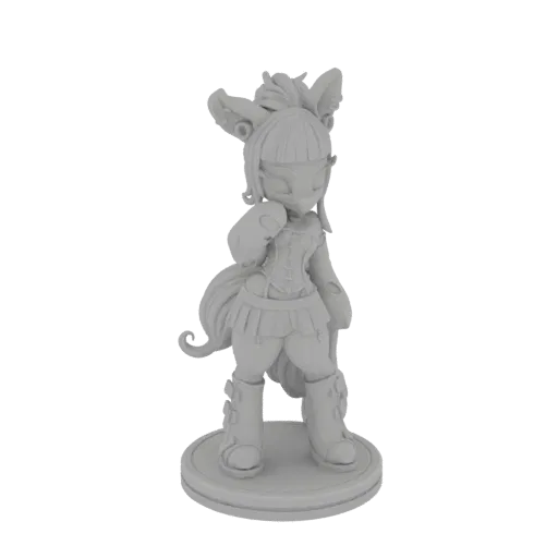 Un rendu 3D d'une figurine renarde chibi, debout sur une base circulaire, avec des oreilles de renard, un corset et une jupe
